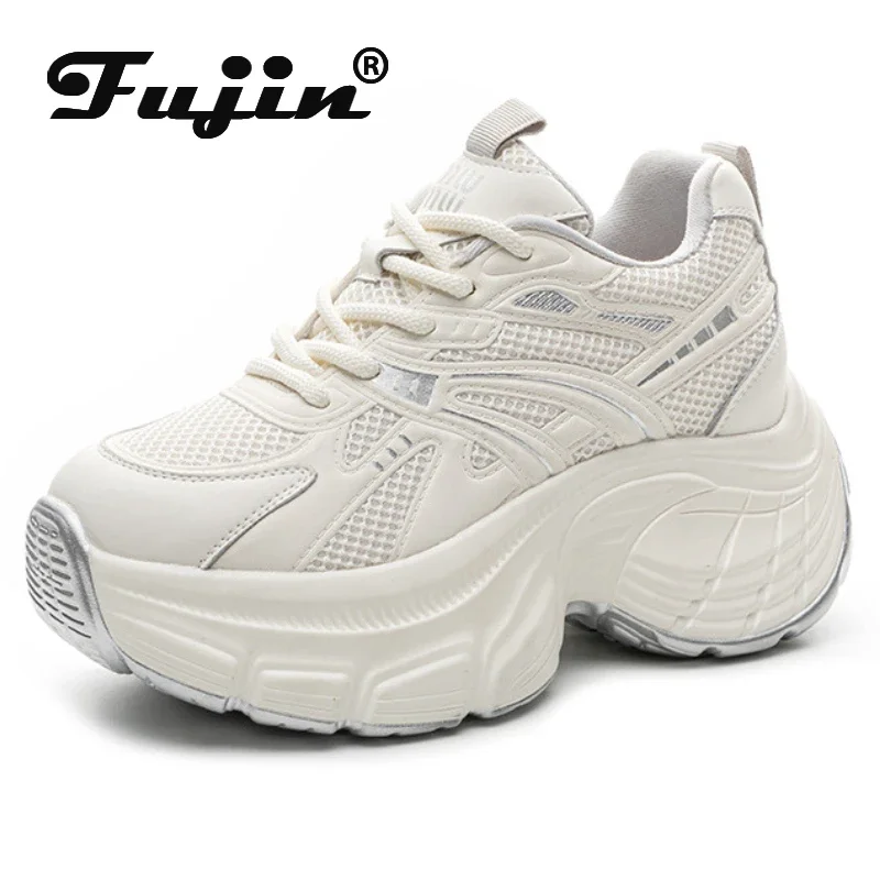 Fujin 8.5cm Air Mesh Synthetic Microfiber Breathable Vulcanize  Women Shoes Casual High Brand Summer Platform Sneakers Leather