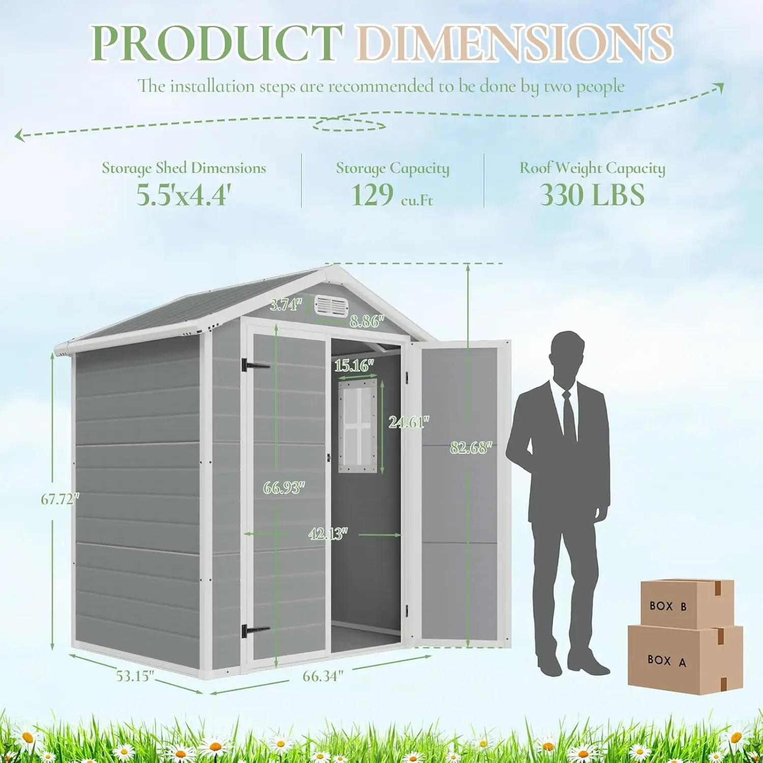 Abri de rangement extérieur en résine avec fenêtre, évents, sante en acier inoxydable, outil de sol, fédération, 5.5x4.4