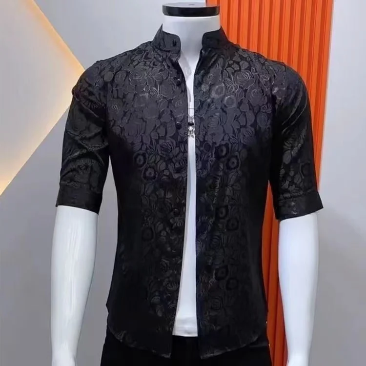Advanced Printed Short Sleeve Shirt Men's Casual Slim Fit Korean Style Handsome Summer Polyester Fiber Shirt Polyester Breath...