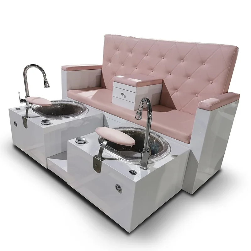 

New Luxury Pink Tufted Leather Foot Spa Pedicure Chairs Bench Wooden Base Double Pedicure Stations For Sale