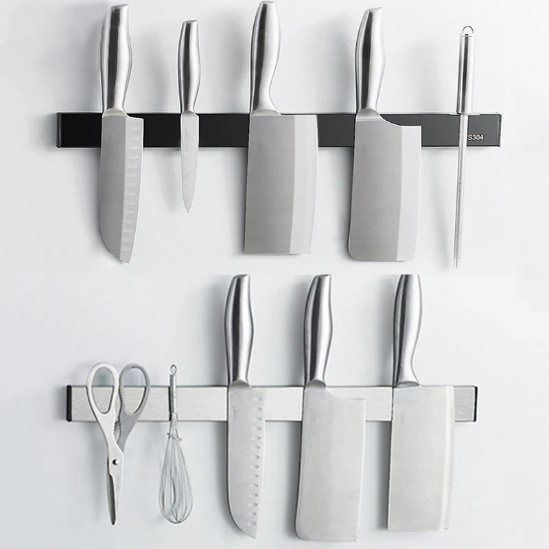 Wall Mount Magnetic Knife Holder No Drill Stainless Steel Kitchen Knife Block Strip Magnet Chef Japanese Santoku Knife Rack