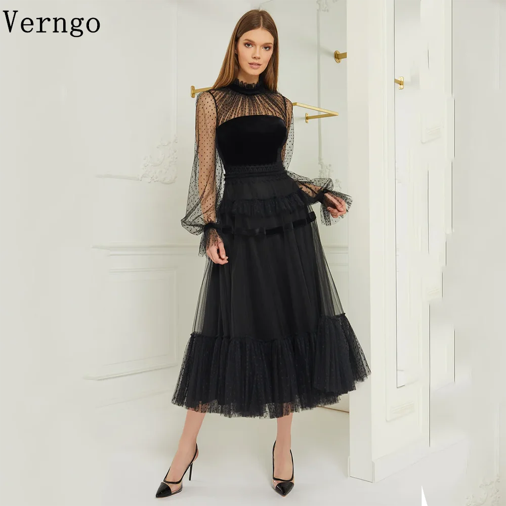 

Verngo Black Tulle Formal Occasion Dress High Neck Full Sleeves A Line Prom Dress Women Evening Dresses Outfit Customized