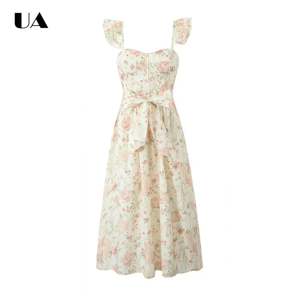 

Нежное длинное платье А-силуэта с принтом и рукавами-крылышками, винтажное миди-платье с вырезом «сердечко» и завязками на талии, элегантное платье с бантом.