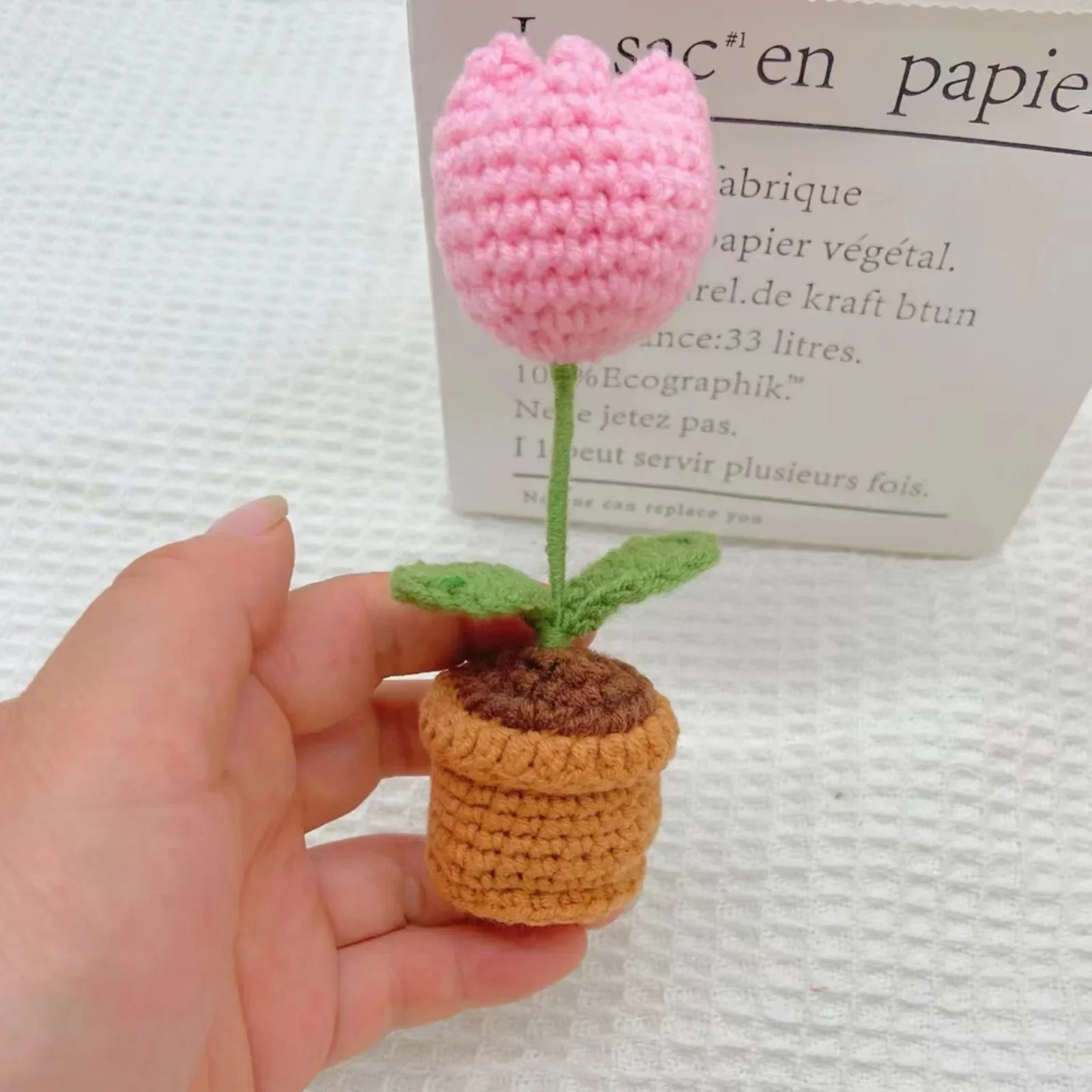 1Pcs Hand Knitting Potted Plants HandWoven Tulip Lily Plum Crochet Flower Auto Interior Accessories Car Ornaments Home Decor