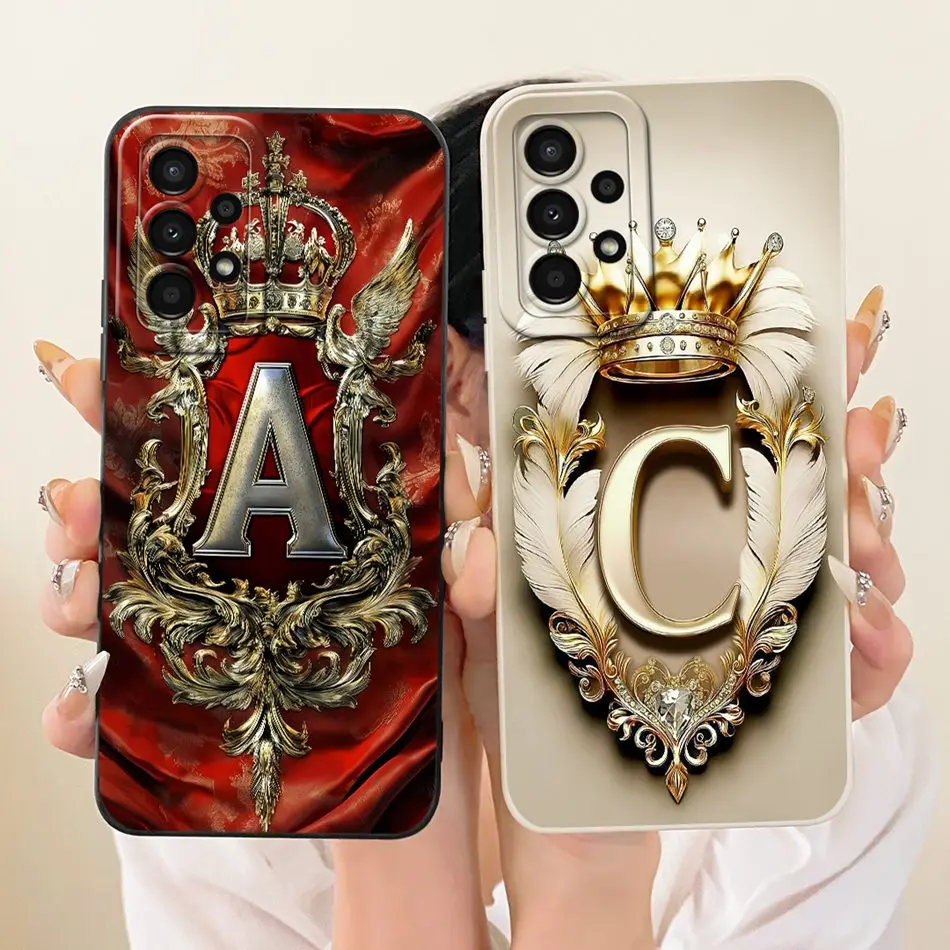 For Samsung Galaxy A13 Fashion Feather Crown Initial Letter Phone Case For Samsung A13 4G 5G Soft Silicone Shockproof Cases
