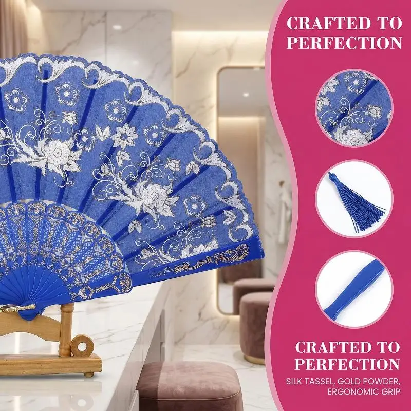 Folding Fan Chinese Vintage Style Handmade Bamboo Cloth for Women Dance Performance Costume Gift