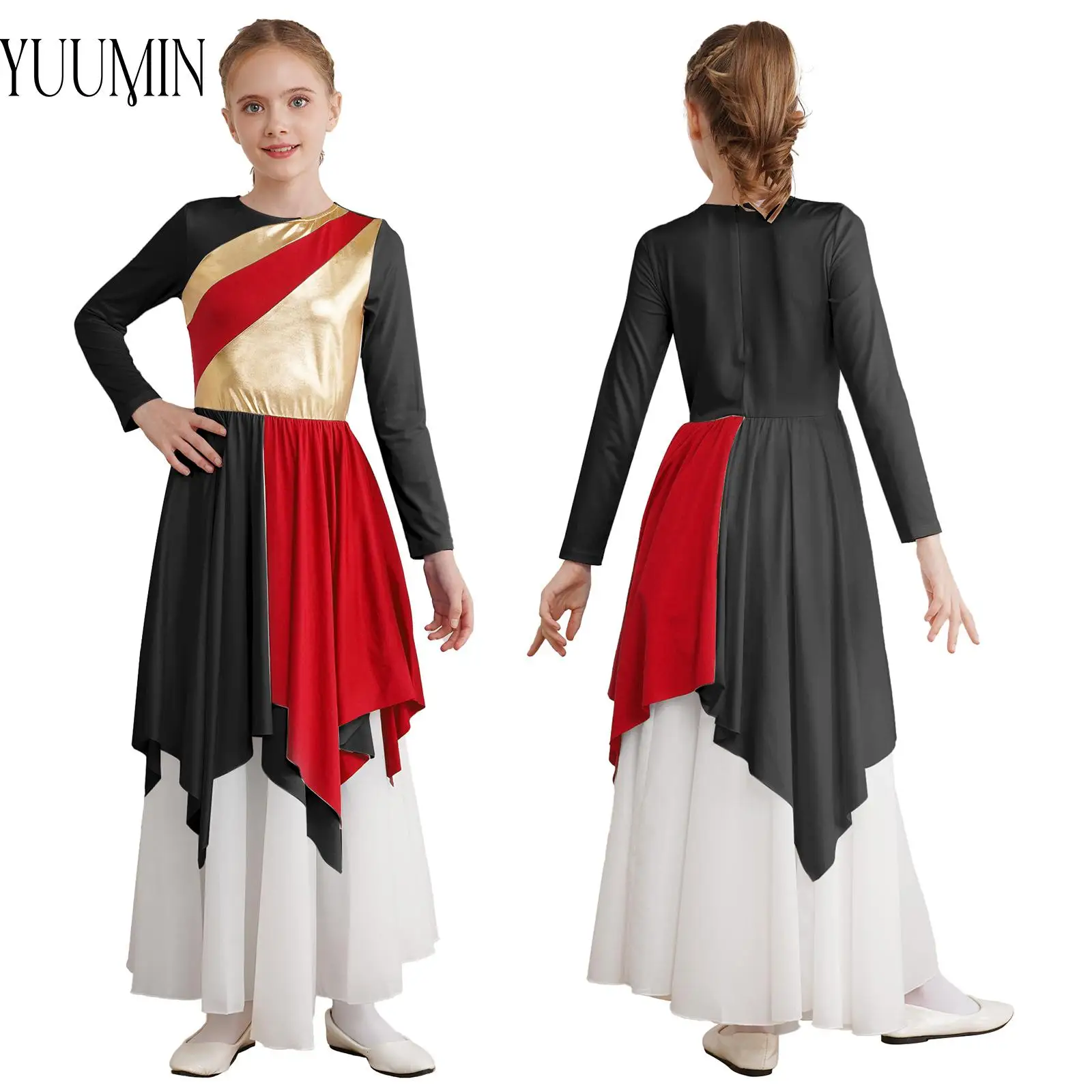 

Kids Girls Praise Lyrical Dance Dress Long Sleeve Metallic Contrast Asymmetrical Skirt Worship Performance Dress Costumes Outfit