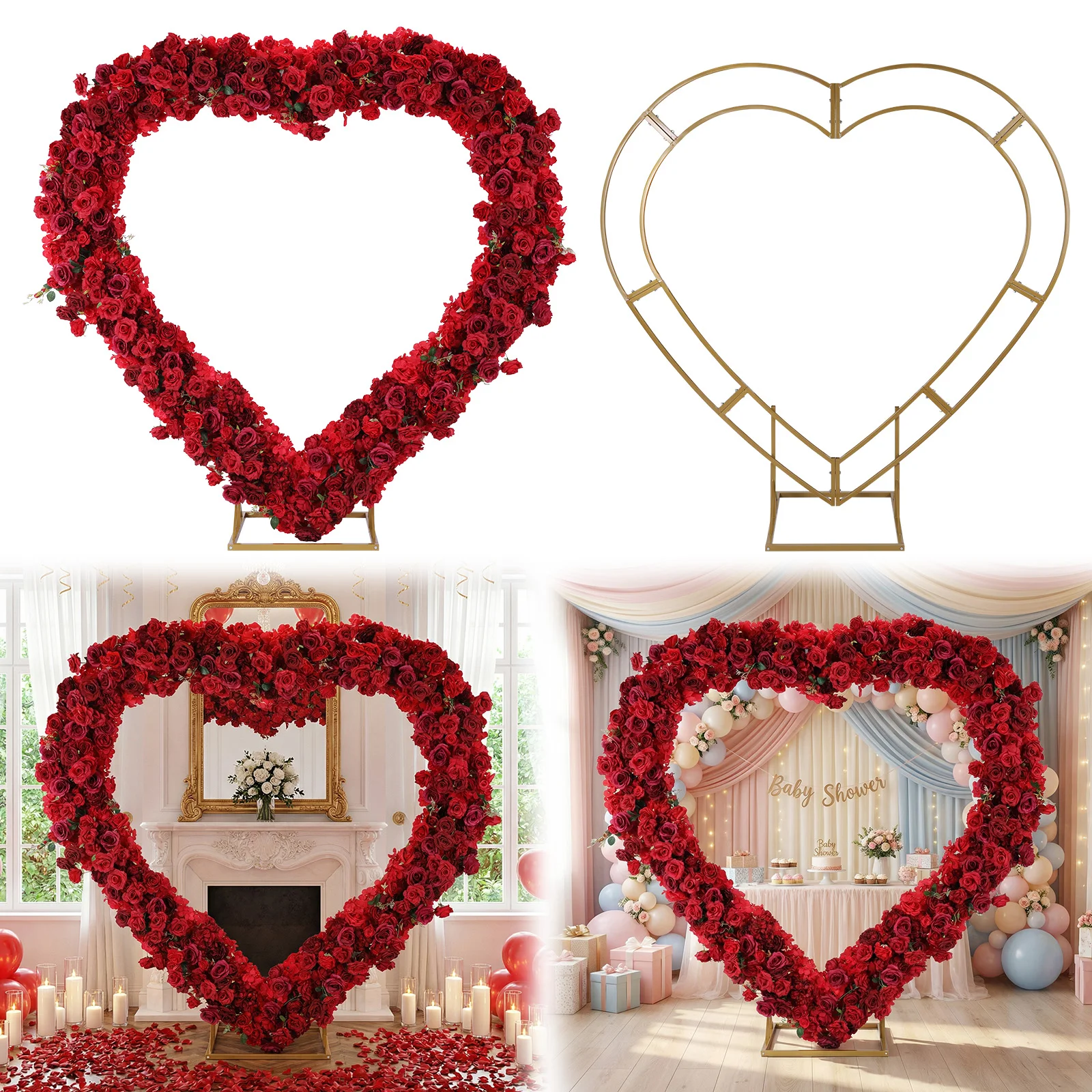 

Large Metal Heart Rose Wedding Frame Detachable Love Flowers Column Frame 3FT for Ceremony Valentines Day Birthday Party Decor