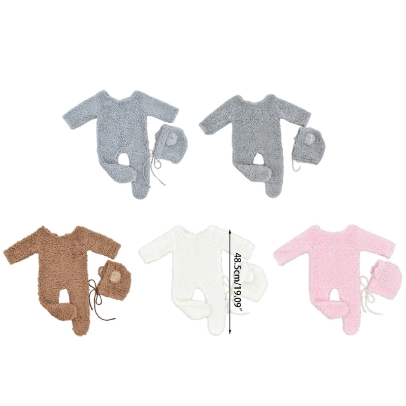 2Pcs Photography Props for Baby Boy Girls Unisex Jumpsuit Bear Ear Hat Footed Romper Newborn Photoshooting Accessories