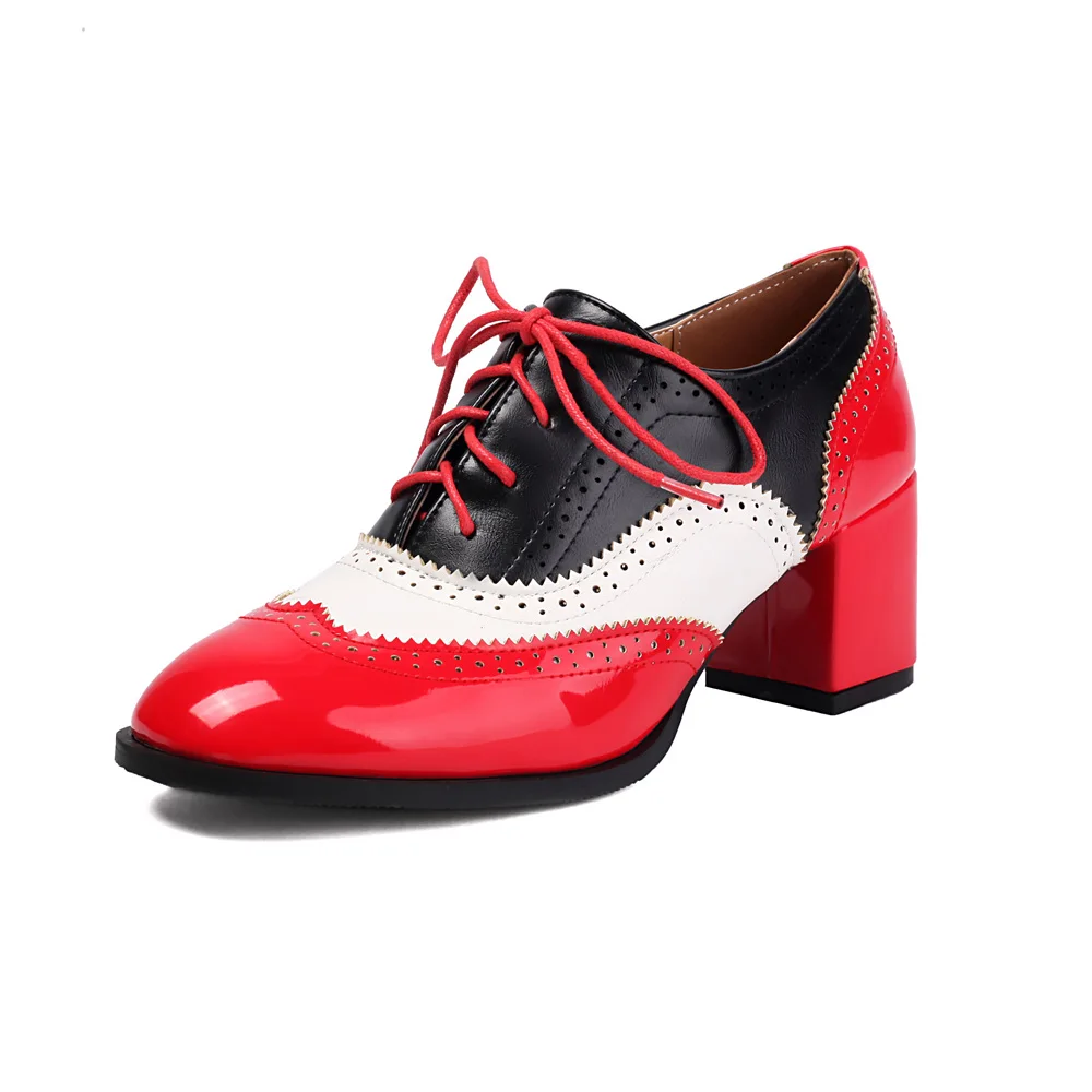Plus Size 48 Vintage Red Brogue Shoes Chic Green Pink Patchwork Square High Heels Pumps Retro Lace-up Office Lady Daily Shoes_voghion.com
