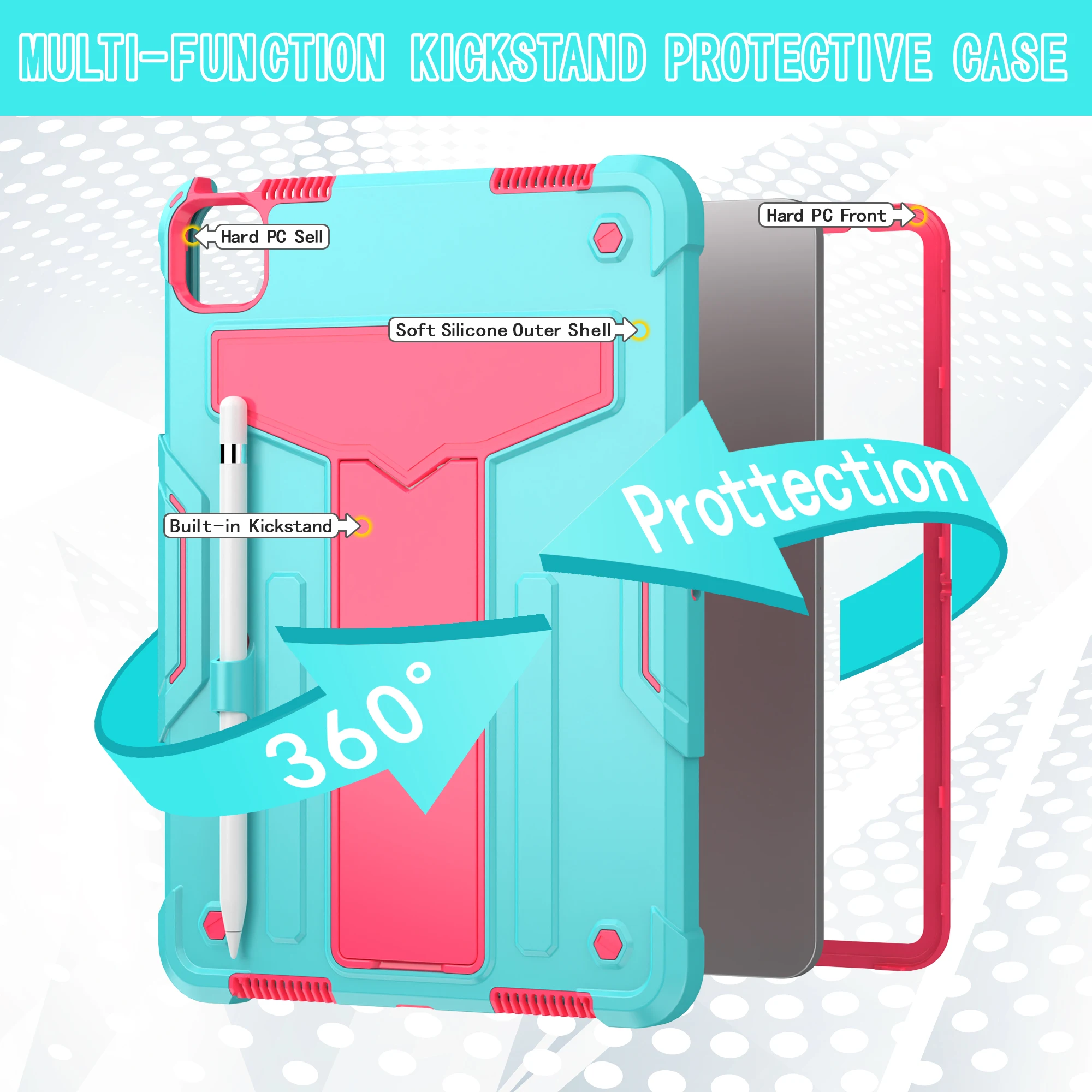 iPadケース 第7世代 第8世代 第9世代 第10世代 Air 第3世代 第4世代 第5世代 Pro 11インチ Mini 第6世代 ブラケットスタンド キックスタンド 厚型 ハード 耐衝撃 タブレットカバーケース