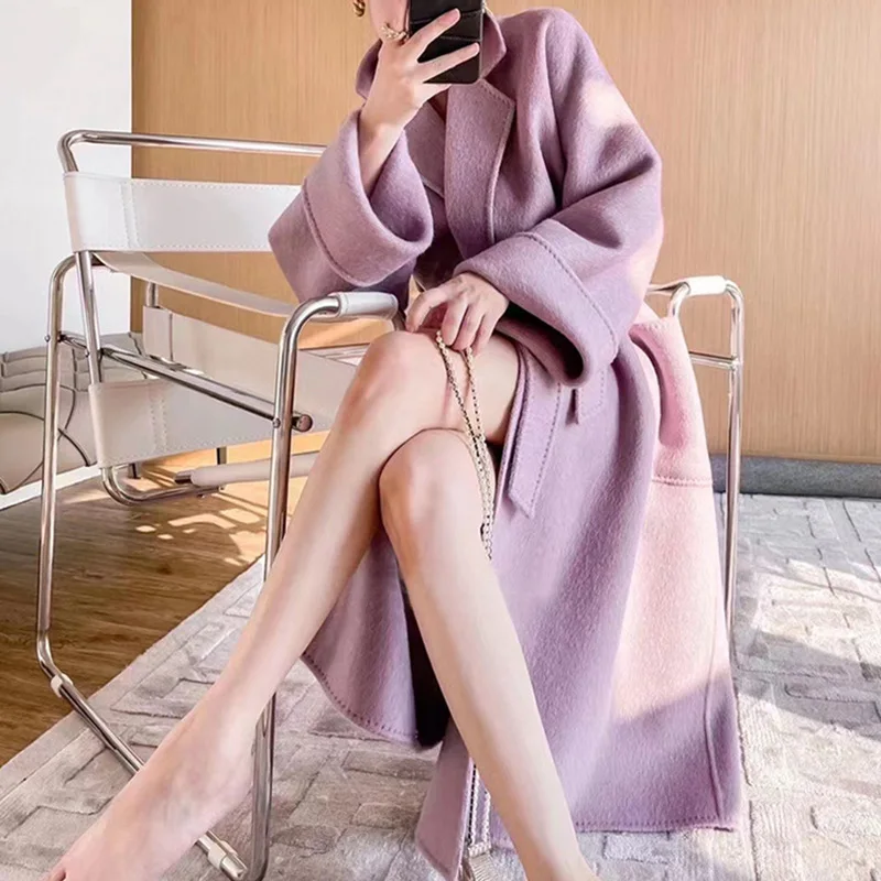 2023 Autumn Women Drouble Wool Coats With Belt Loose Style Winter Clothes Cashmere Long Coats Tops New