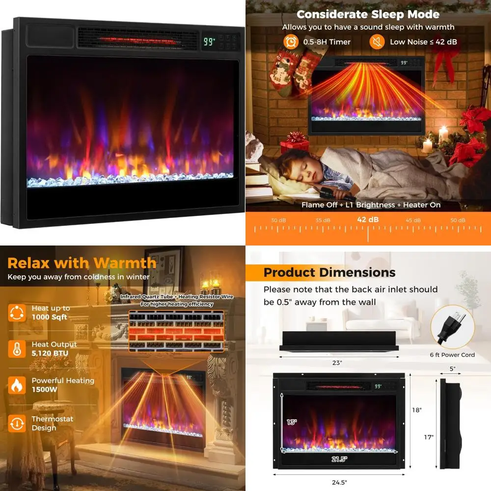 

Electric Fireplace Insert 23-inch, 1500W Recessed with Remote, 6 Flame Colors, 5 Brightness Levels, Long-lasting Home Heating So