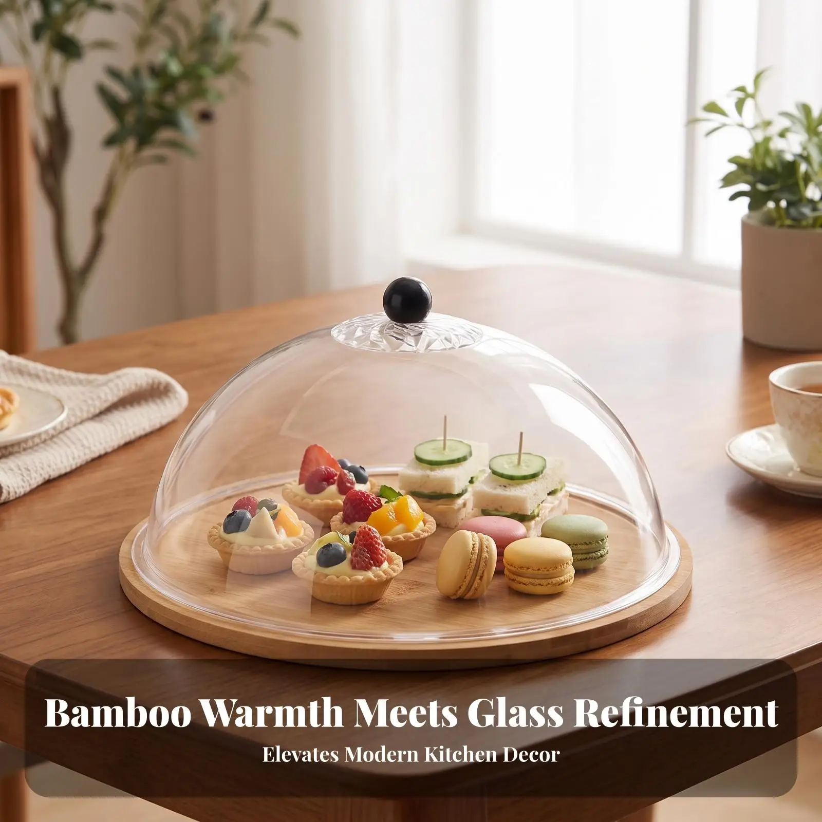 Natural Bamboo Display Platter with Knob Handle for Buffet Table Centerpiece and Home Decor