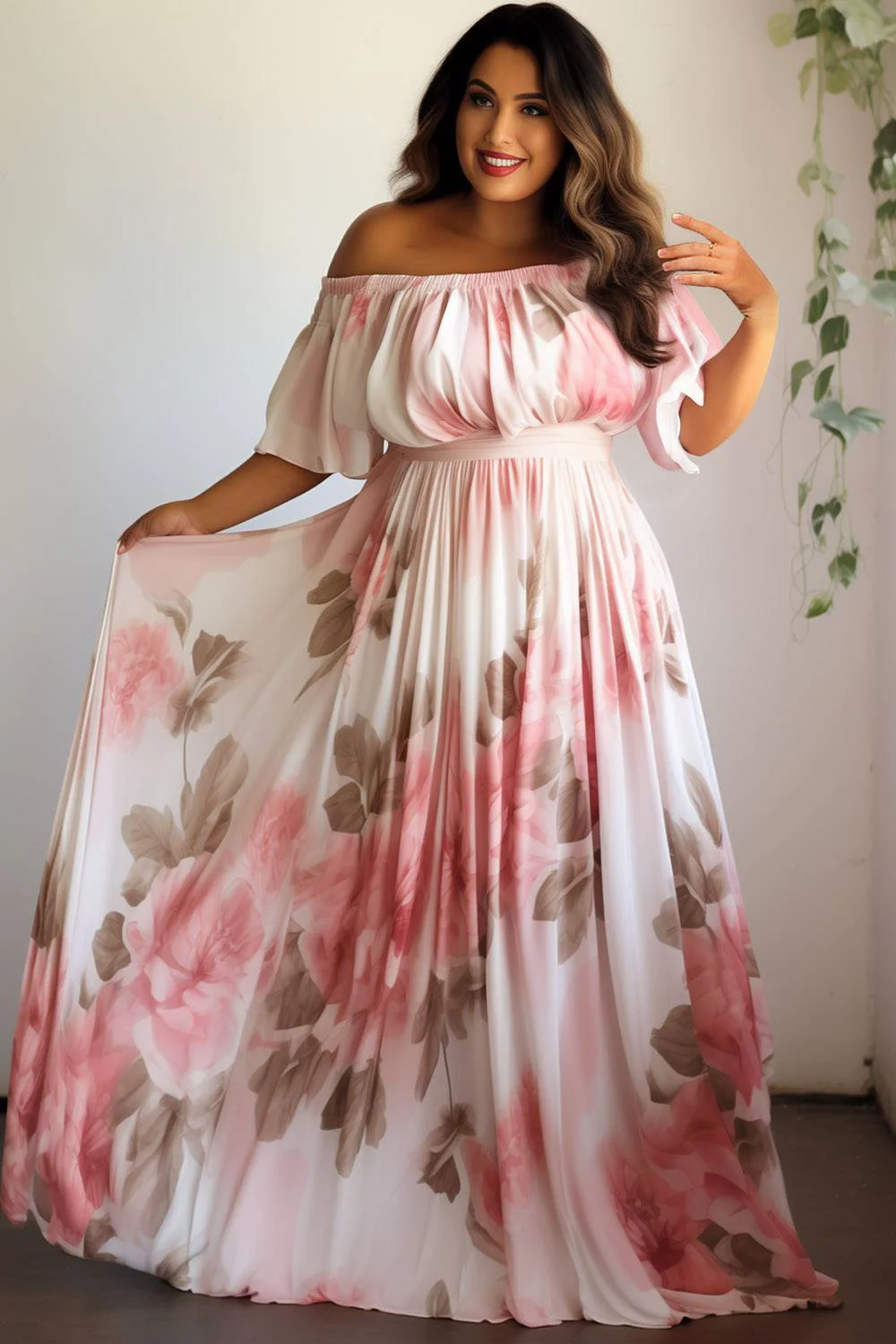 

Plus Size Daily Multicolor Floral Off The Shoulder Knitted Maxi Dresses