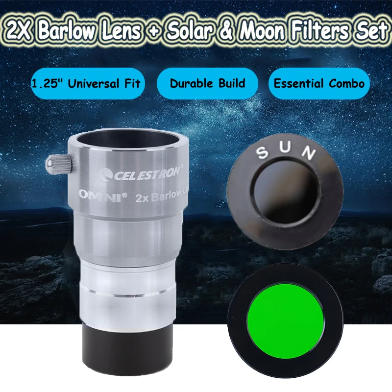 

Celestron Omni 2x Barlow Lens with Solar &Moon Filters 1.25-inch Professional Telescope Eyepiece Kit for Solar& Moon Observation