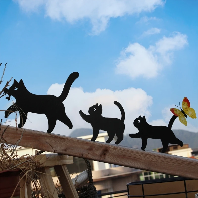 3pcs Black Cats Silhouettes Metal Garden Stakes Iron Art Outdoor Lawn Decorations Kxre