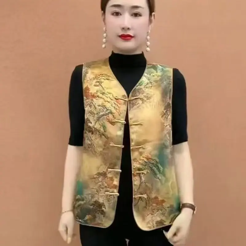 

New Chinese Sle Printed Vest Women's Spring Outerwear Single Button oulder Pad Middle Aged And ly Women's Clothes