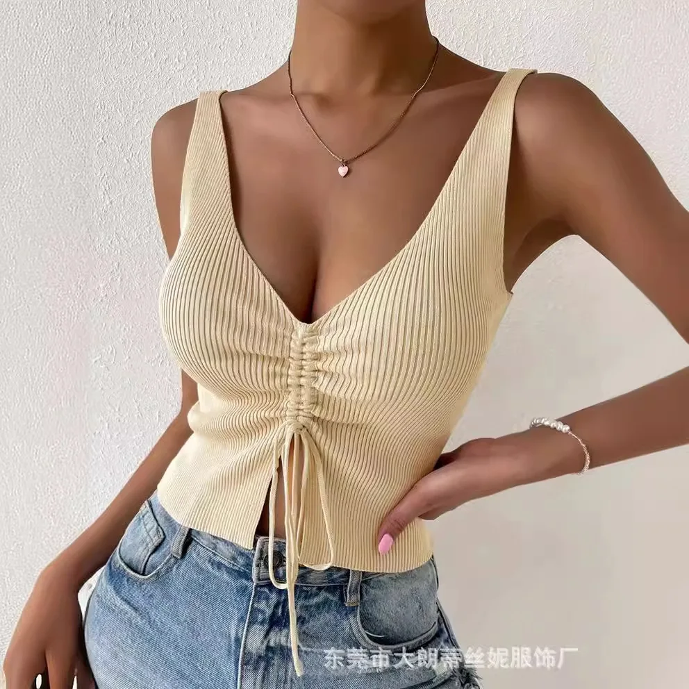 

New Summer Women Drawstring Front Ribbed Knit Tops Femme Sexy V Neck Sleeveless Crop Top Clothes High Stretch Split Cropped Tank