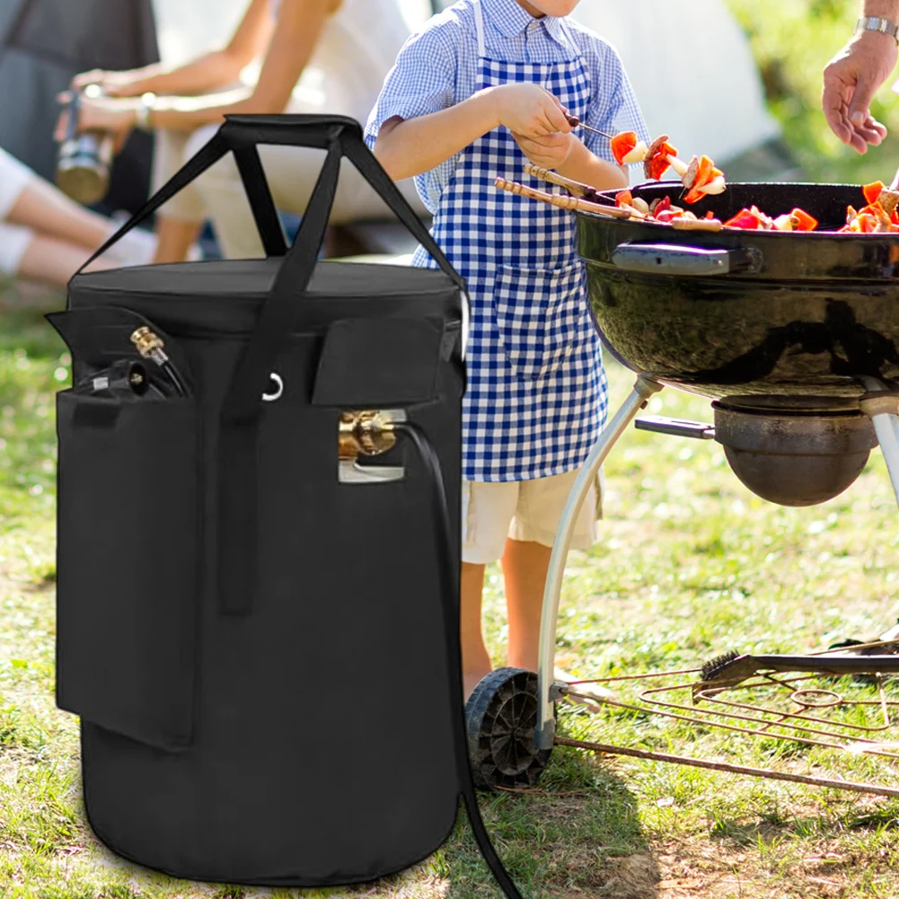 

Propane Cylinder Cover with External Storage Bag Secured with Integrated Drawstring and Made from Heavy Duty Oxford Fabric