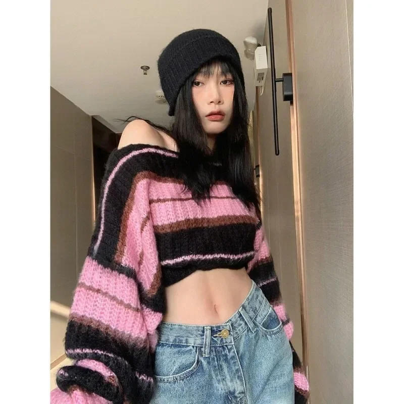 Female  Autumn Long Sleeve Crewneck Pullovers Tops New Y2K Korean Style Pink Cropped Sweater Women Striped Jumper Vintage