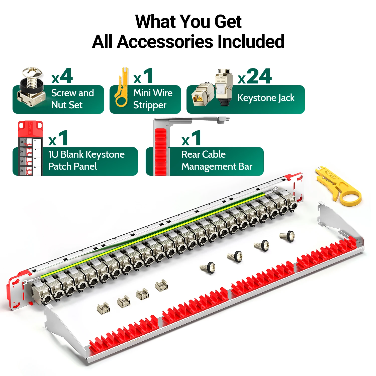 AMPCOM 1U 24-портовая патч-панель Keystone, STP Rack Mount с STP CAT8/7A/7/6A/6 Разъем Keystone Lock с храповым механизмом, задний кабель Mgmt Bar