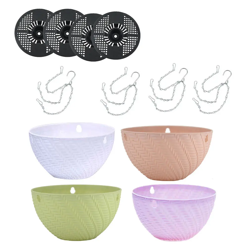 

4 Sets Rattan Hanging Flower Pot Planter Basket Wall Mounted Indoor Hanger PP Material Plant Pots Chain Garden Decor