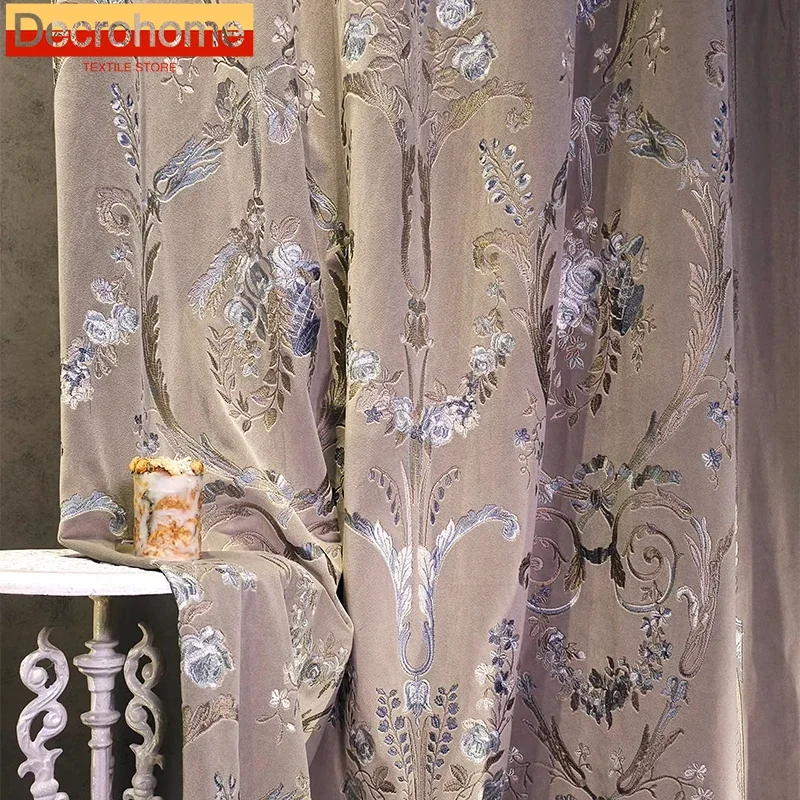 Vintage American Purple Gray Flannelette Thickened Curtains for Living Room Bedroom Villa High Window French Window Customized