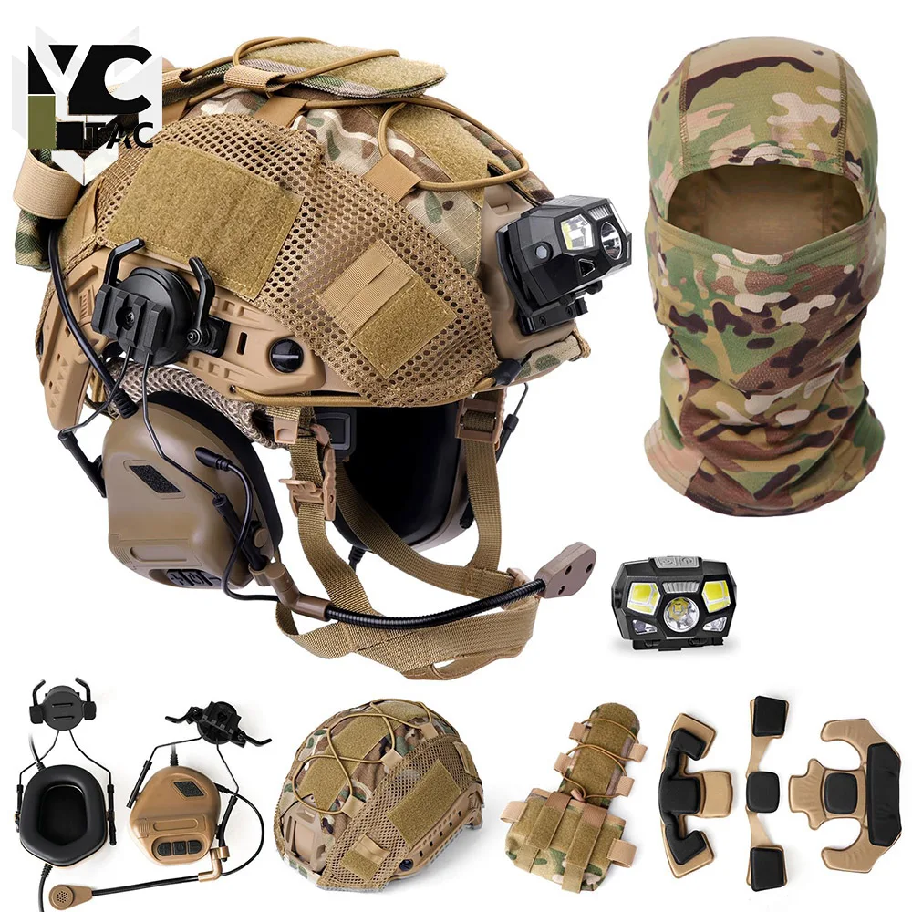 Airsoft Helmet Kit FAST Tactical Helmet Set with Communication Headset Mask Mesh for Airsoft Cosplay Military CS Combat Gear