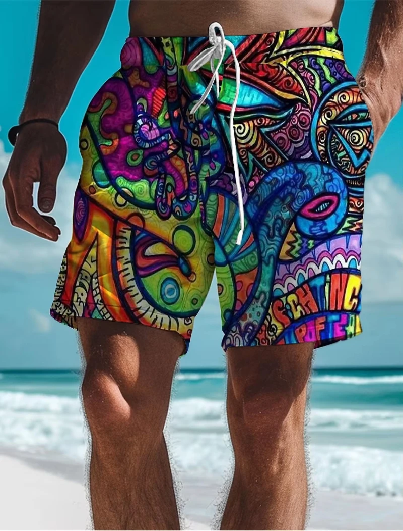 New 3D Printed Graffiti Graphic Men's Board Shorts Fashion Casual Swim Trunks Quick Drying Hawaiian Style Holiday Shorts Trunks