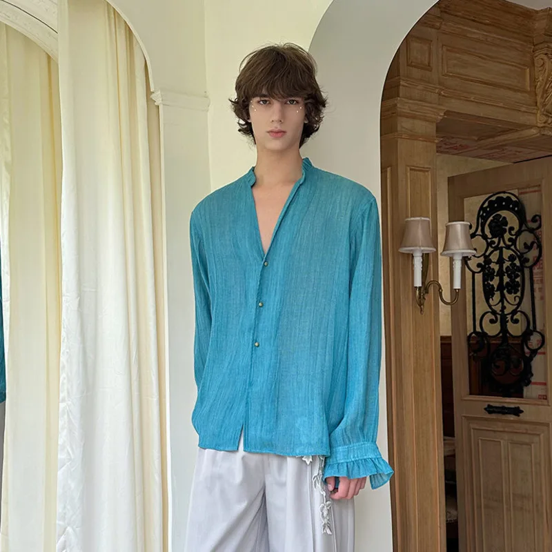 WVGA Spring Autumn New Men Resort Style Trendy Long Sleeve Shirt Relaxed Loose Fit Niche Chic Casual Stand Collar Top Ins W28235