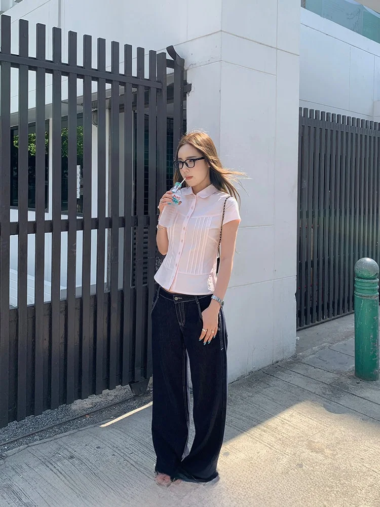 

Xzichic Retro Pleated Slim Fit ort Sve irt Women's Pink Slimming Top Summer New Sle Pure Cotton Collar Button