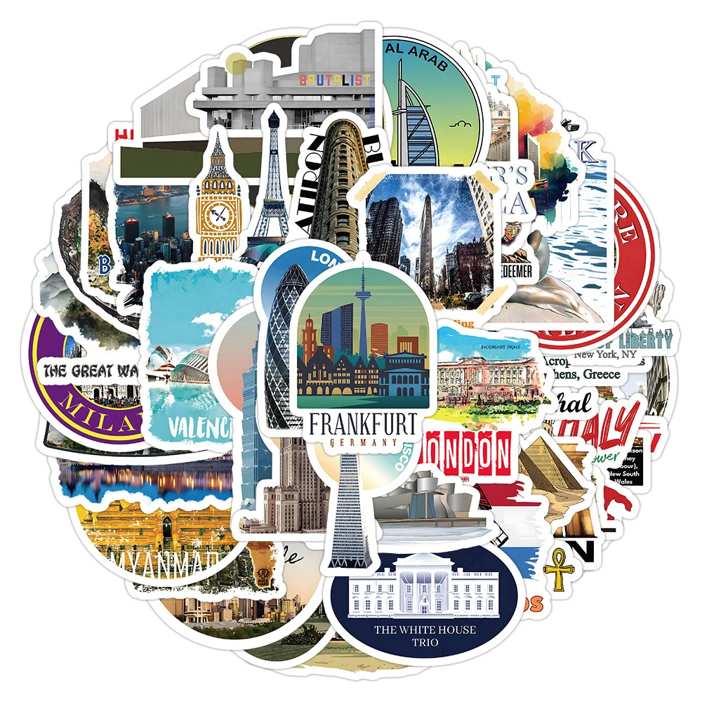 10/30/50pcs Cartoon World Famous City Landmark Building Stickers Decals DIY Scrapbooking Phone Guitar Diary Graffiti Sticker Toy