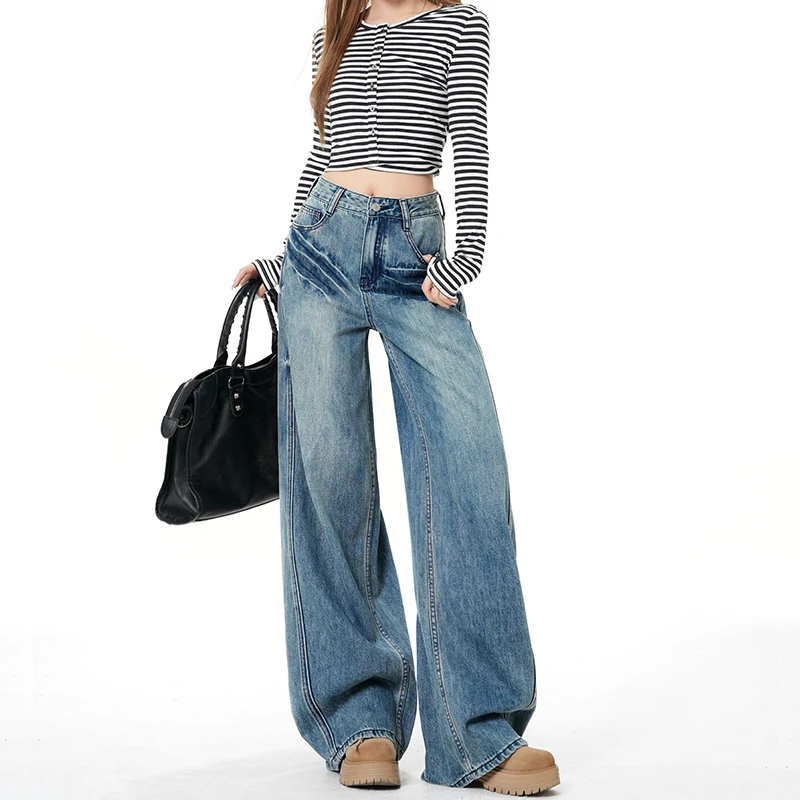 

Women's Nostalgic Blue American High Waist Red Line Contrast Scratch Design Jeans Spring Wide Leg Pants