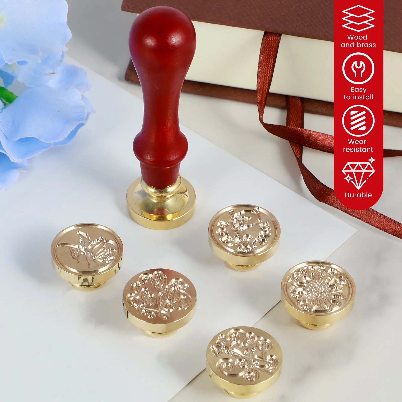 New 6Pcs Wax Seal Stamp Kit Vintage Sealing Wax Stamp with Brass Head and Wooden Handle Reusable Classic Wax Stamp Kit for