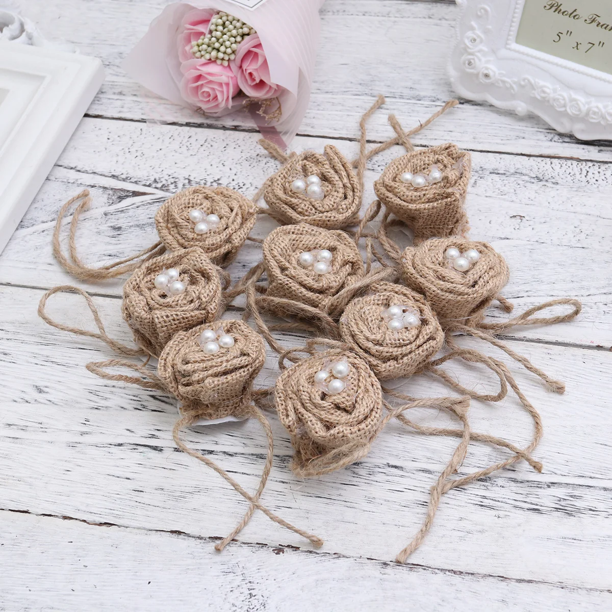 Ornements en toile de jute pour l'artisanat, décor de fleurs de mariage, ornement de nœud, rose hessienne, poubelle en jute, 9 pièces