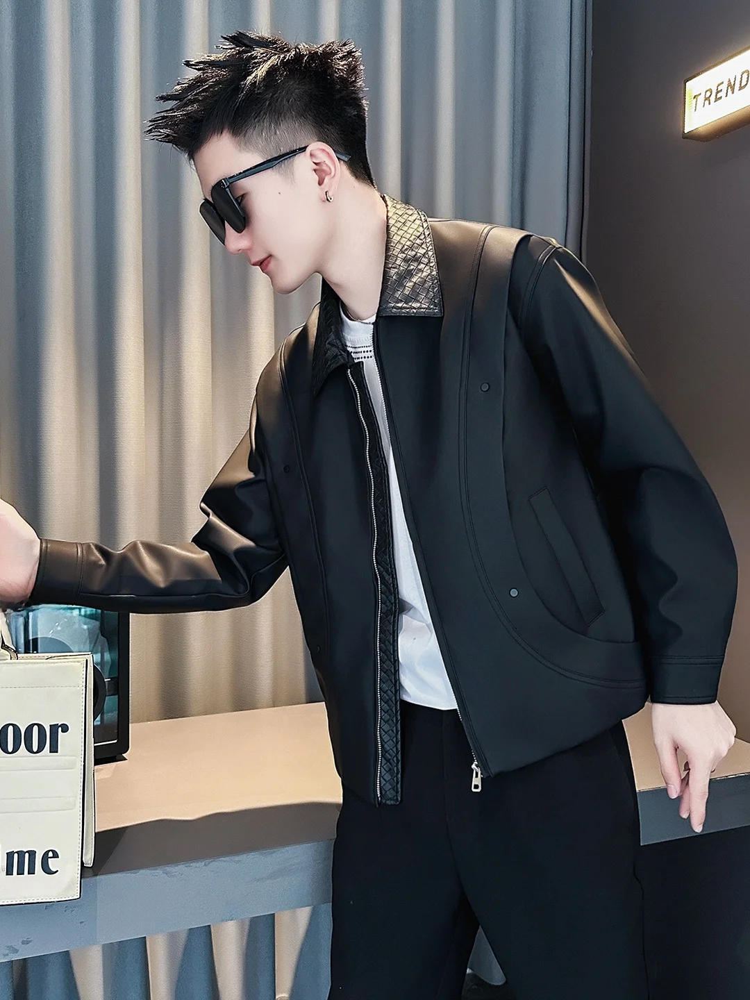 

Men's Deconstructed Biker Leather Jaet Casual Sle Long Sve Zipper Closure Bla PU Leather Coat Spring Autumn New Model