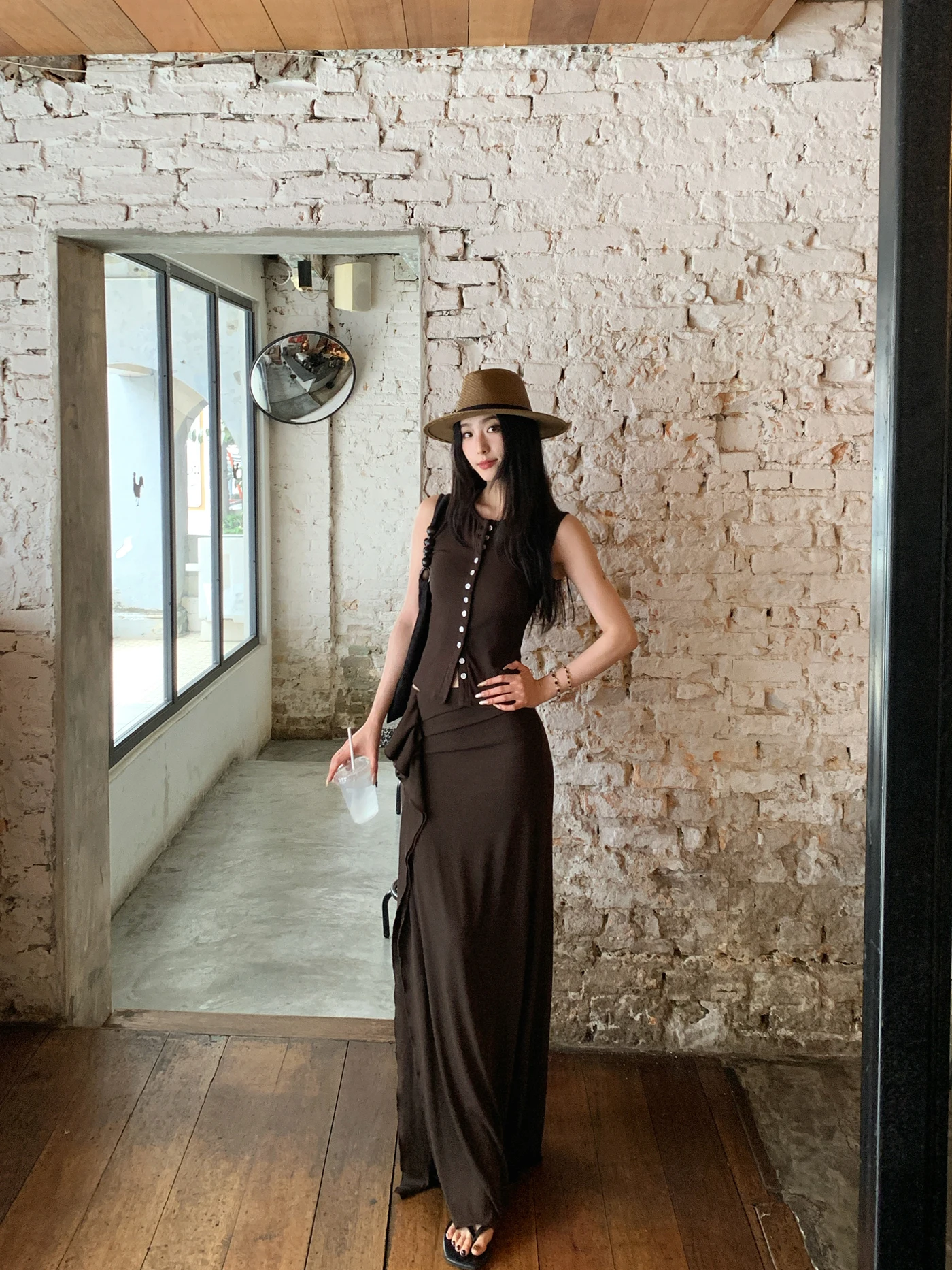 

SMBL RAIN Vintage High-End f Skirt Set Women's Slim Knitted Vest Two-Piece Set Breathable Comfortable Summer Faion