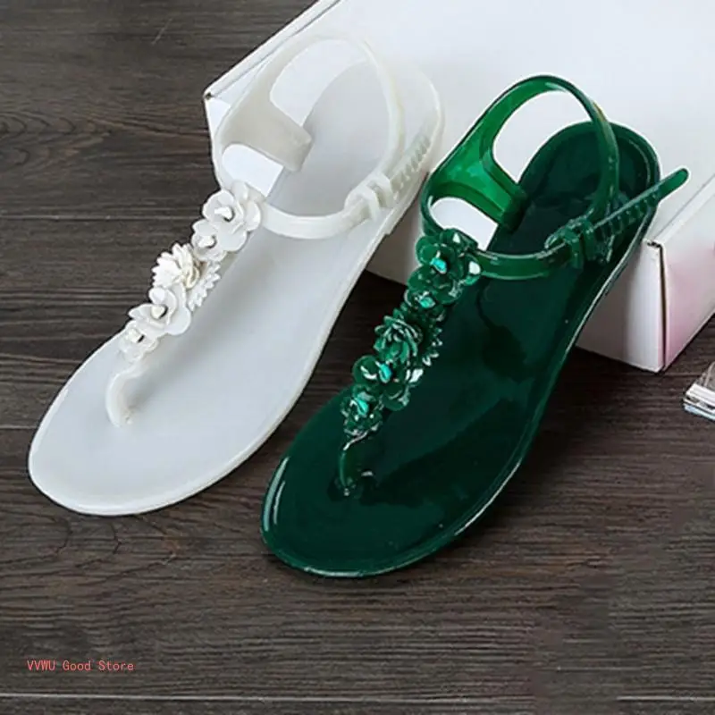 Sandali infradito con fiori bohémien da donna, infradito estivi in PVC con tacco basso da spiaggia