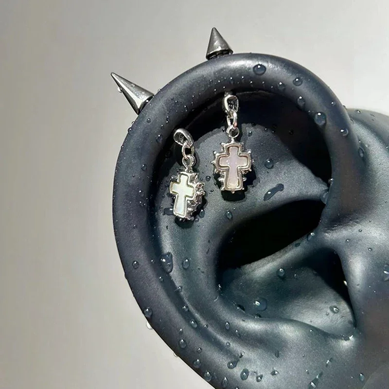 Silver Color Pointed Cone Cross Pendant Ear Bone Nail For Women Earring Puncture Gothic Cochlea Accessories