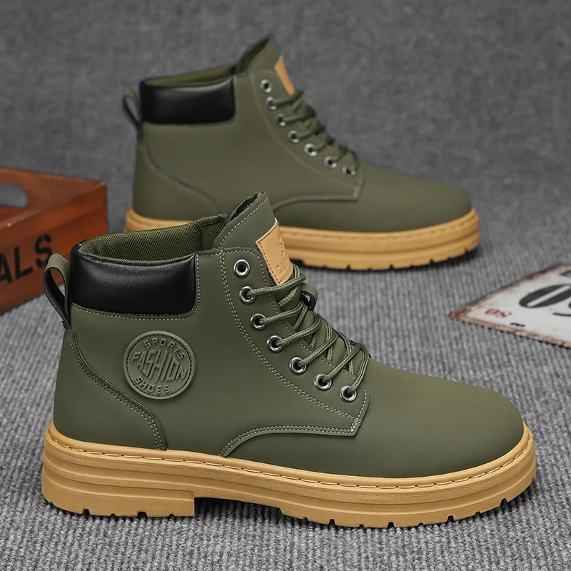 Men's Motorcycle Ankle Boots High Top Boots for Men Winter Chunky Boots  Retro Casual Lace-Up Work Footwear Botas Hombre