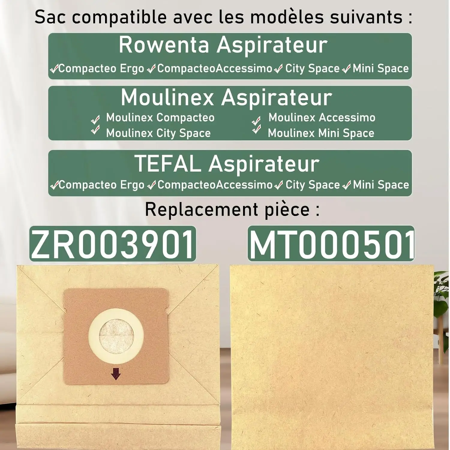 Vacuum Cleaner Bags for Rowenta ZR003901, Compacteo Ergo / Compacteo Accessimo / City Space / Mini Space, Rowenta Compacteo RO 1