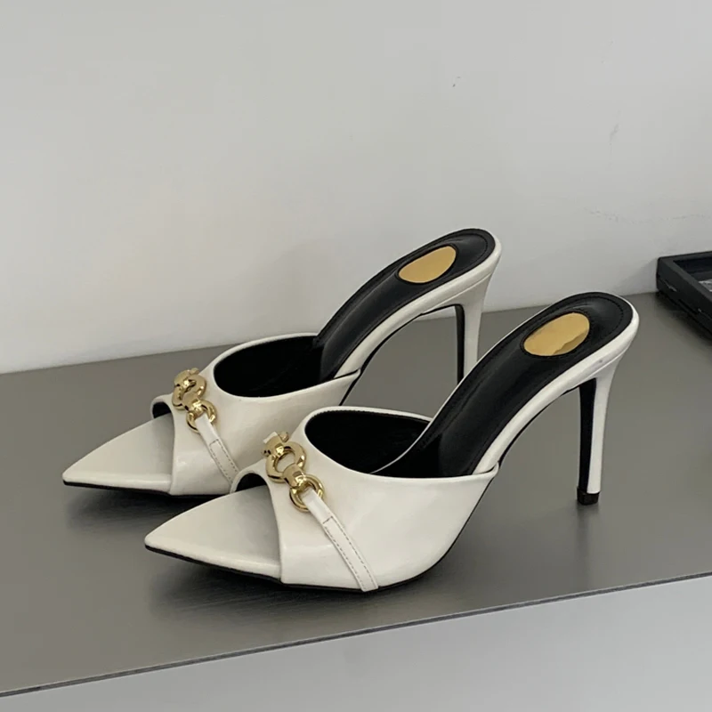 

Aneikeh Summer Sexy Metal Buckle Pointed End Open Toe Slippers Women Thin Heels Shoes Stripper Party Slides Zapatos De Mujer