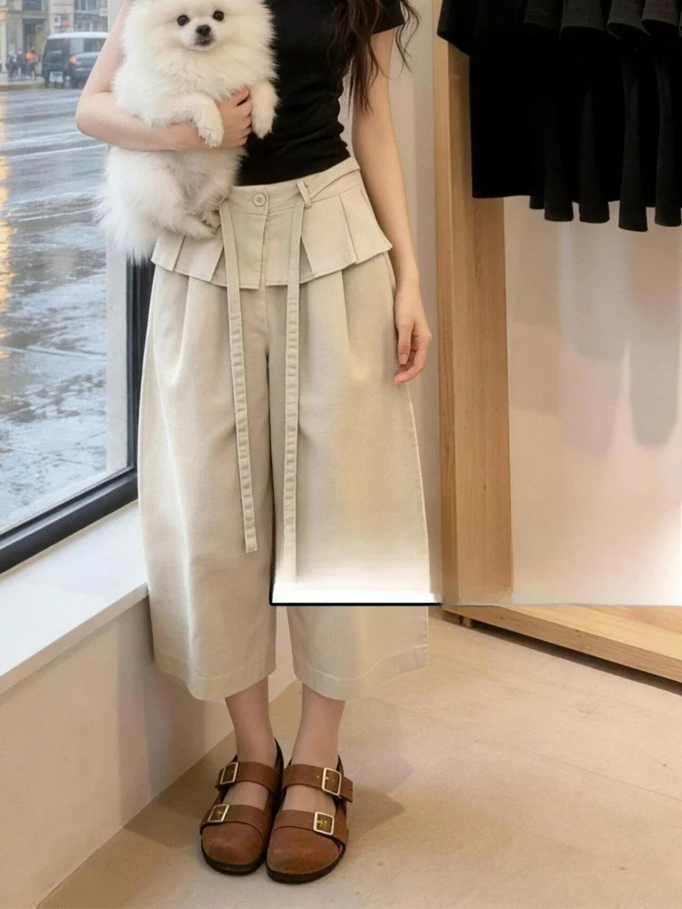 

Khaki Wide Leg Pants Women's Summer Loose Long Trousers Floor-Length Casual Pants Design Sense Ruffle Splice Pants