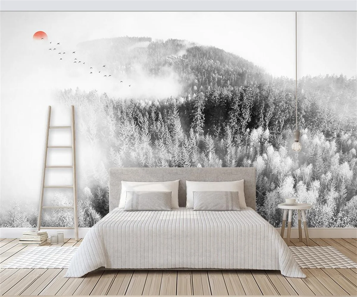 Customized modern fashion stereo wallpaper minimalist nordic flying bird pine forest clouds background wall papers home decor