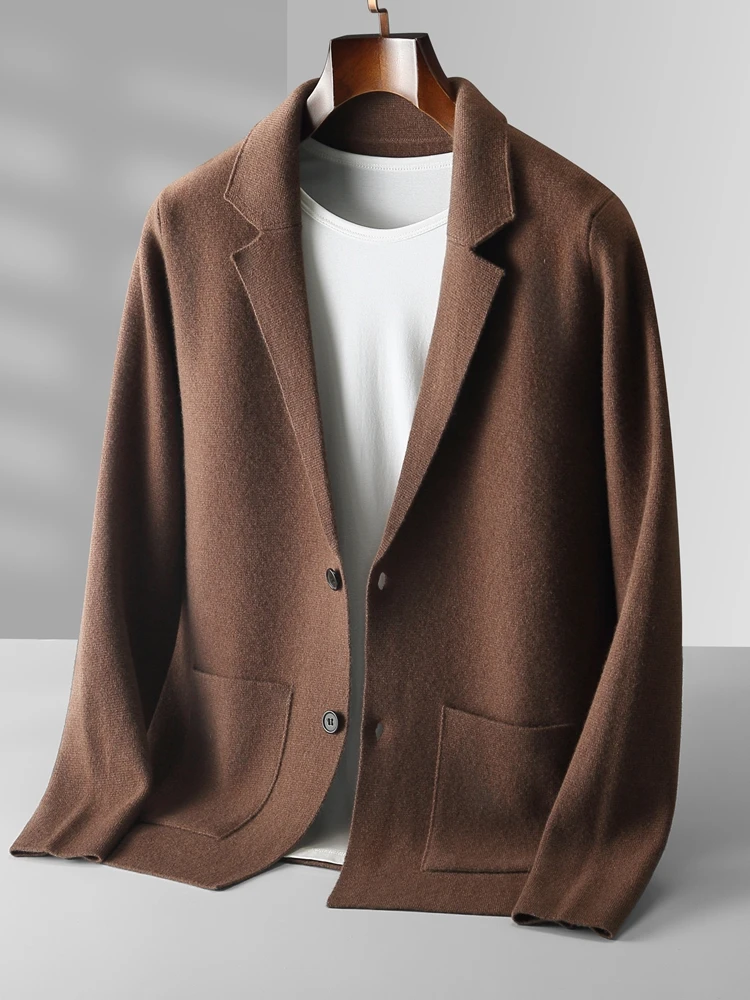 Spring Autumn Knitwear 100% Merino Wool Men's Sweater Suit Collar Solid Color Single Breasted Pocket Cardigan Soft Basic Tops