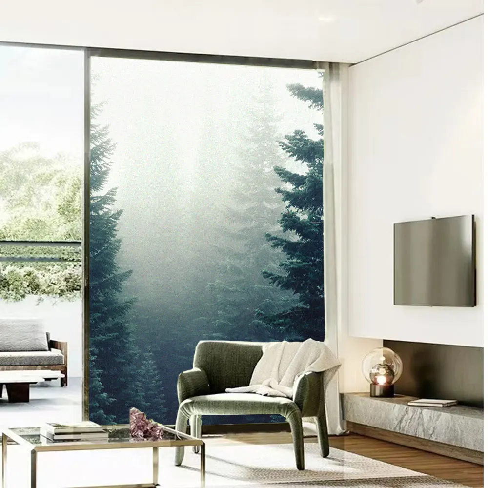 Glass Window Privacy Film Misty Forest Frosted Sun Blocking Glass Decoration Stickers No Glue Static Bathroom Door Film