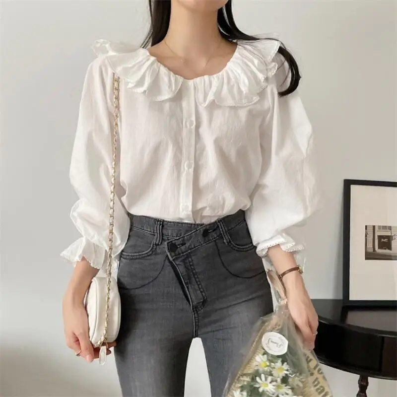 

Рубашка в корейском стиле из мягкого хлопка, женская повседневная свободная блузка с рукавами-фонариками, воротником с рюшами и рукавами-колокол, молодежная универсальная блузка