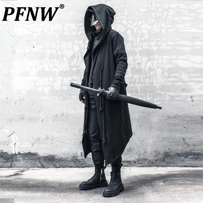 PFNW Men's Tide Spring Autumn Darkwear Warrior Large Size Windbreaker Gothic Style Long Coat Punk Cloak Hooded Wizard 12Z2338