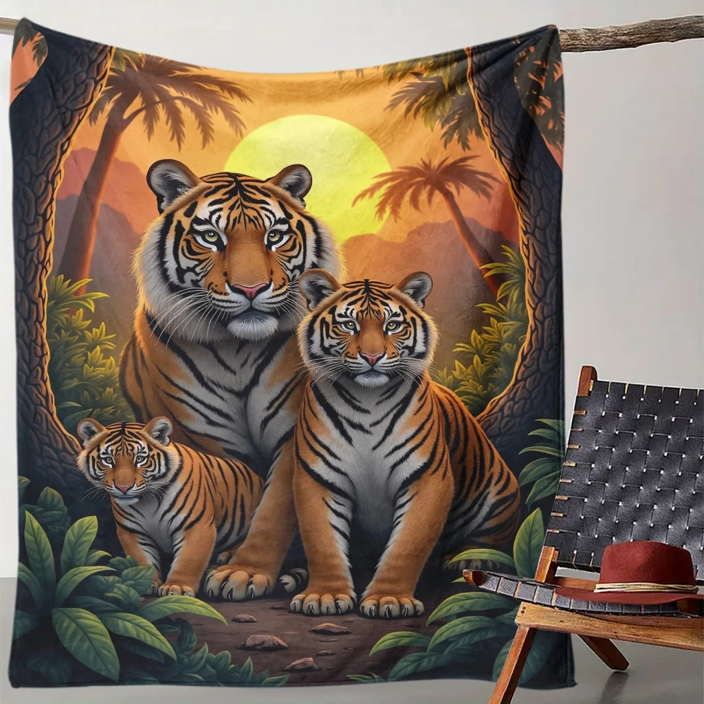 1pc Comfort Tiger Family Sunset Flannel Blanket, All-Season Use, Cooling Blanket, Skin-Friendly 100% Polyester, Perfect Gift for
